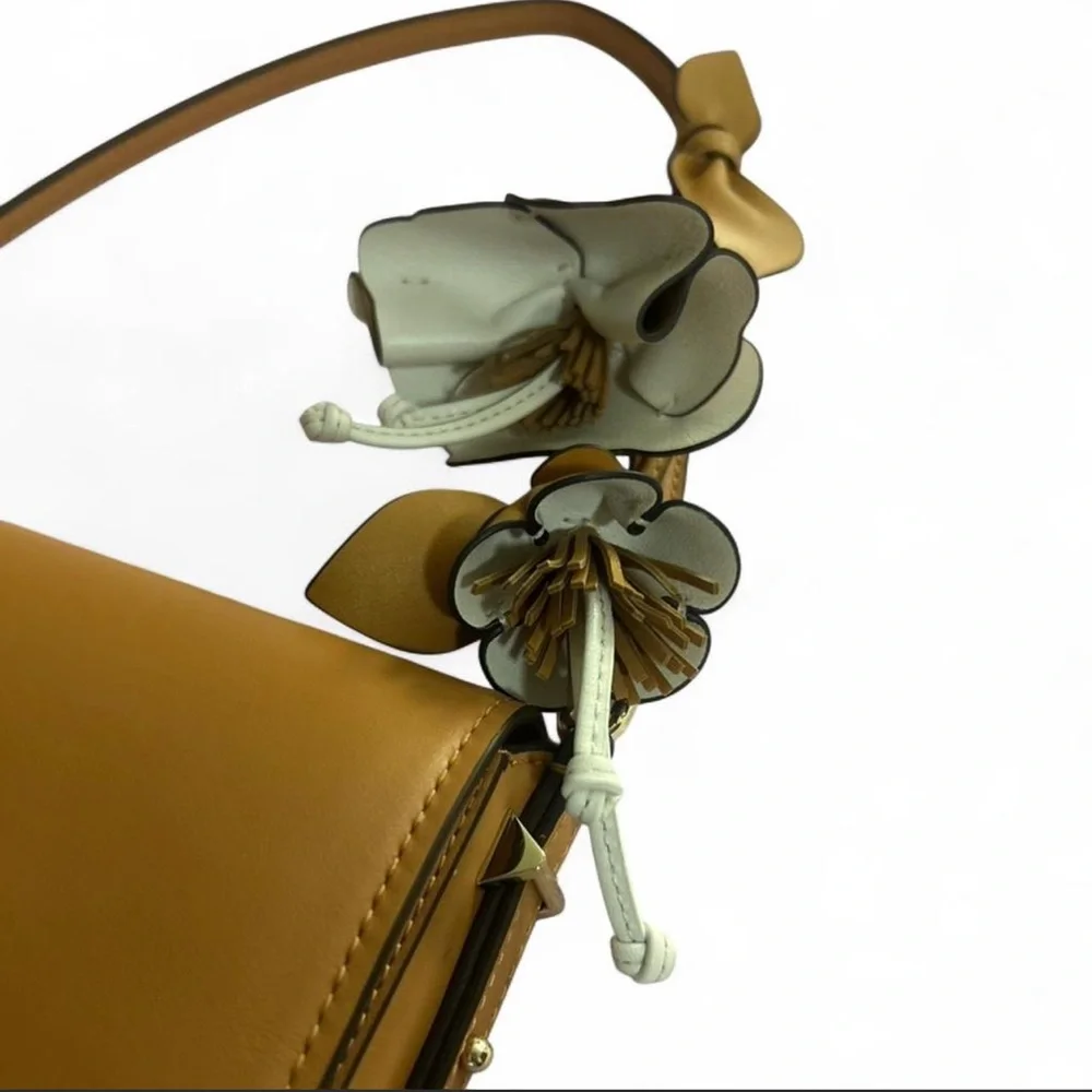 NWT Kate Spade Tan Leather Shoulder Bag with 3D Floral Accent.